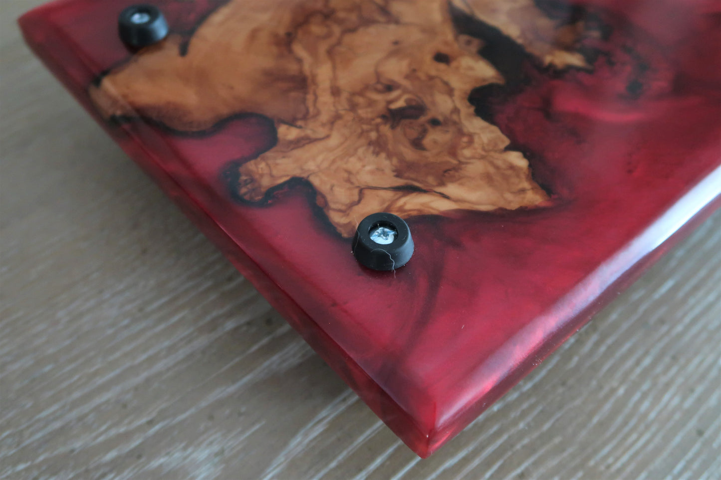 OLIVEWOOD & YAMAGATA RED RESIN CHARCUTERIES BOARD WITH OIL RUBBED BRONZE HANDLES