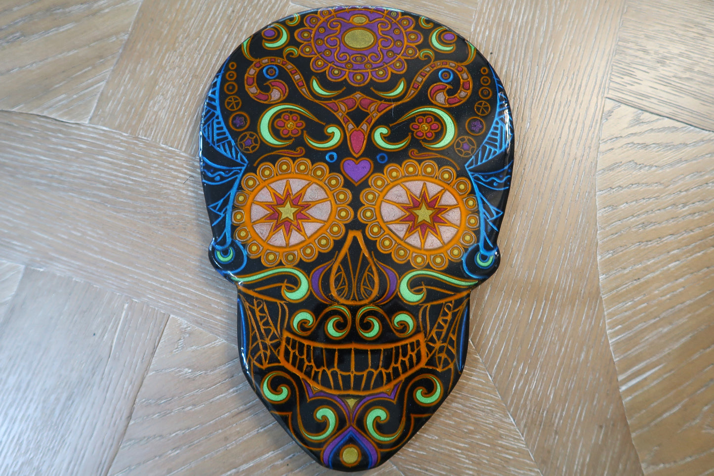 SUGAR SKULL WALL ART RESIN & MICA POWER BLACK/BLUE BACKGROUND