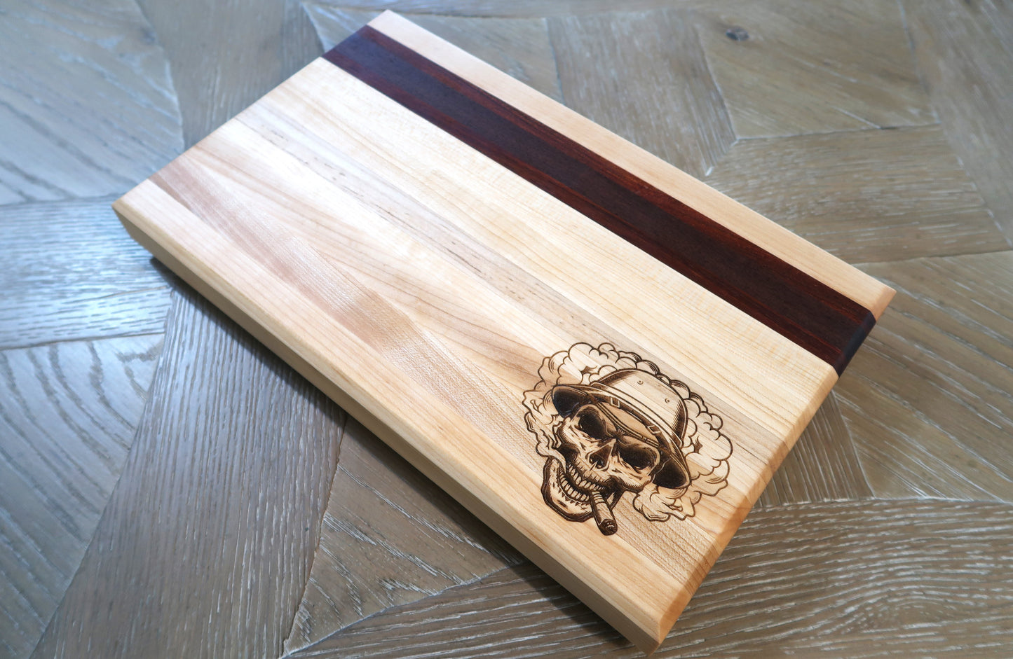 MAPLE WITH BRAZILIAN CHERRY & WALNUT "SMOKING SKULL" BAR TOP CUTTING BOARD