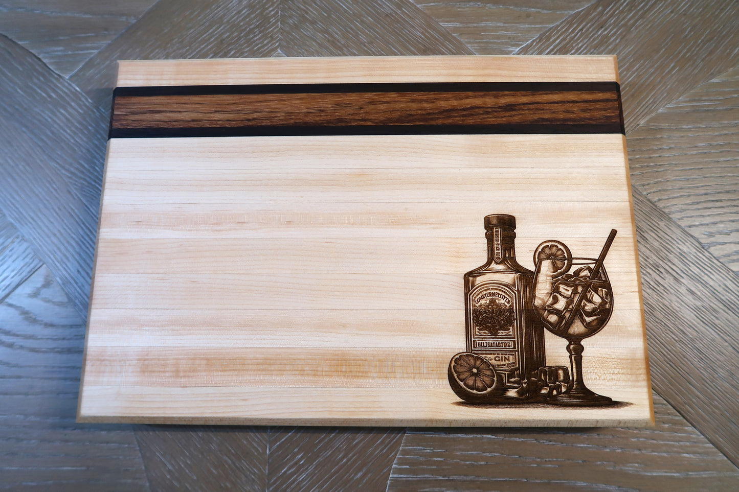 MAPLE WITH ZEBRAWOOD & WENGE "GIN & JUICE" BAR TOP CUTTING BOARD