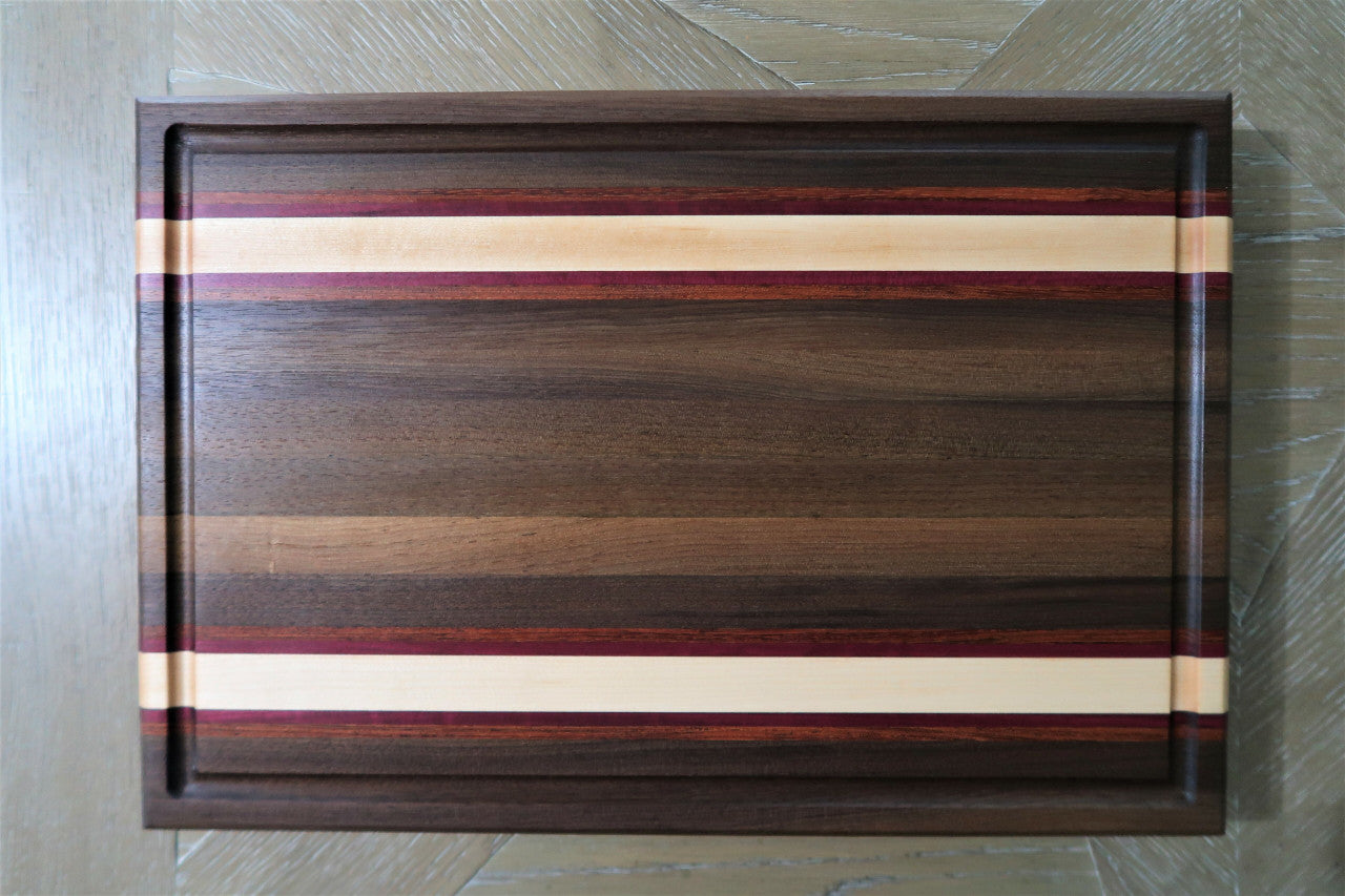 WALNUT,BRAZILIAN CHERRY,PURPLE HEART & MAPLE CUTTING BOARD