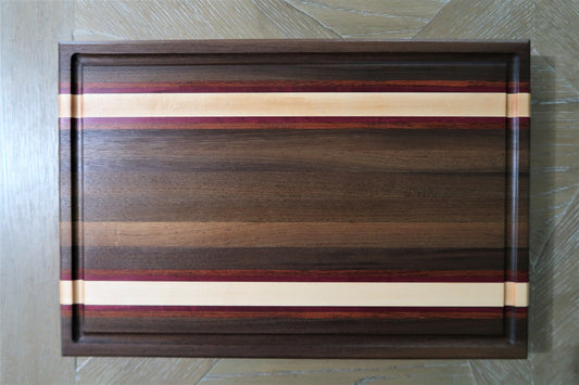 WALNUT,BRAZILIAN CHERRY,PURPLE HEART & MAPLE CUTTING BOARD
