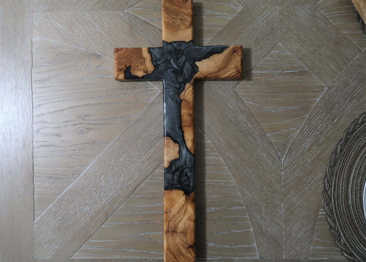 OLIVEWOOD & BATTLESHIP GREY & LIQUID METAL PEARL RESIN LARGE CROSS