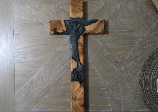 OLIVEWOOD & BATTLESHIP GREY & LIQUID METAL PEARL RESIN LARGE CROSS