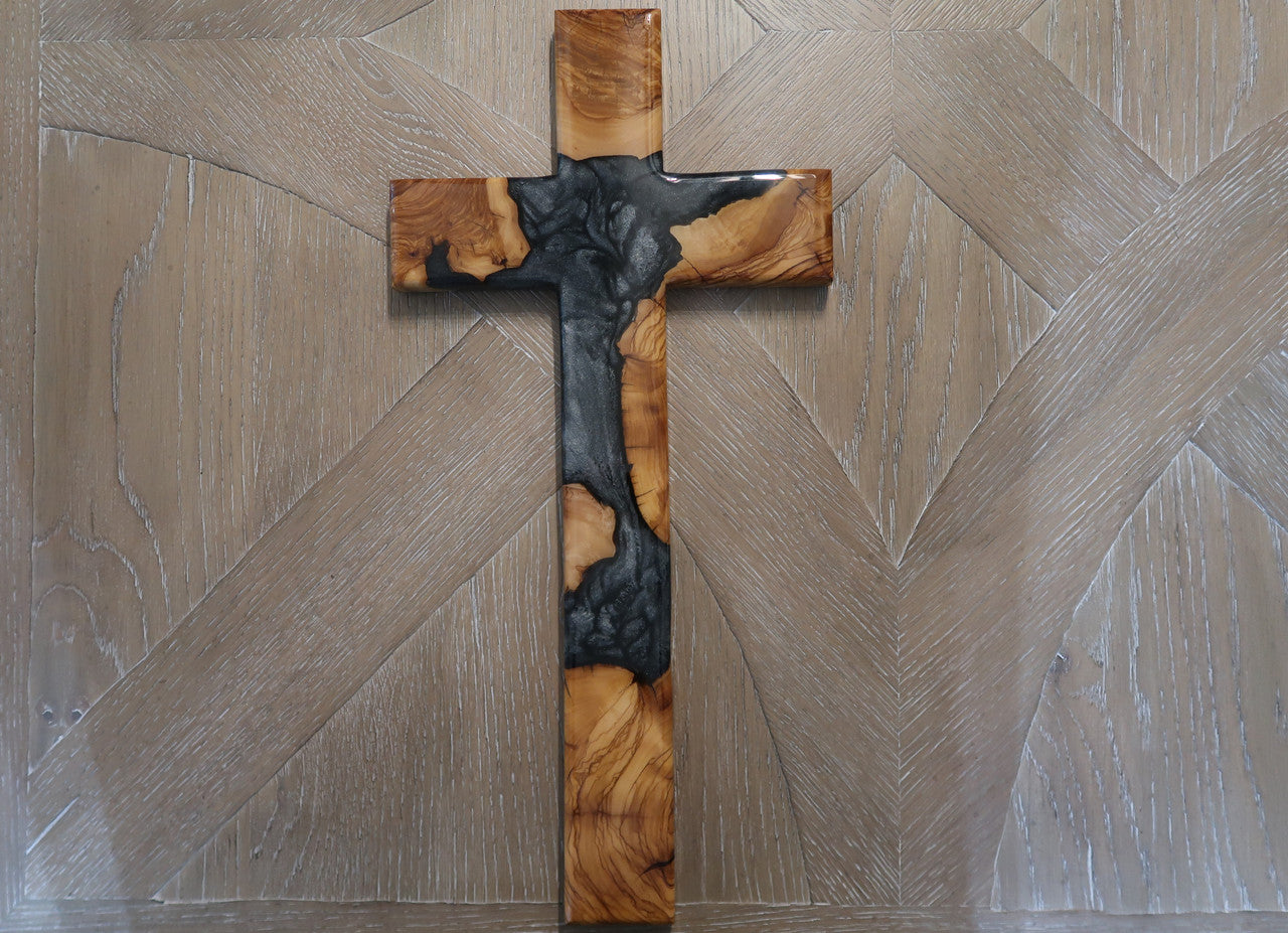 OLIVEWOOD & BATTLESHIP GREY & LIQUID METAL PEARL RESIN LARGE CROSS