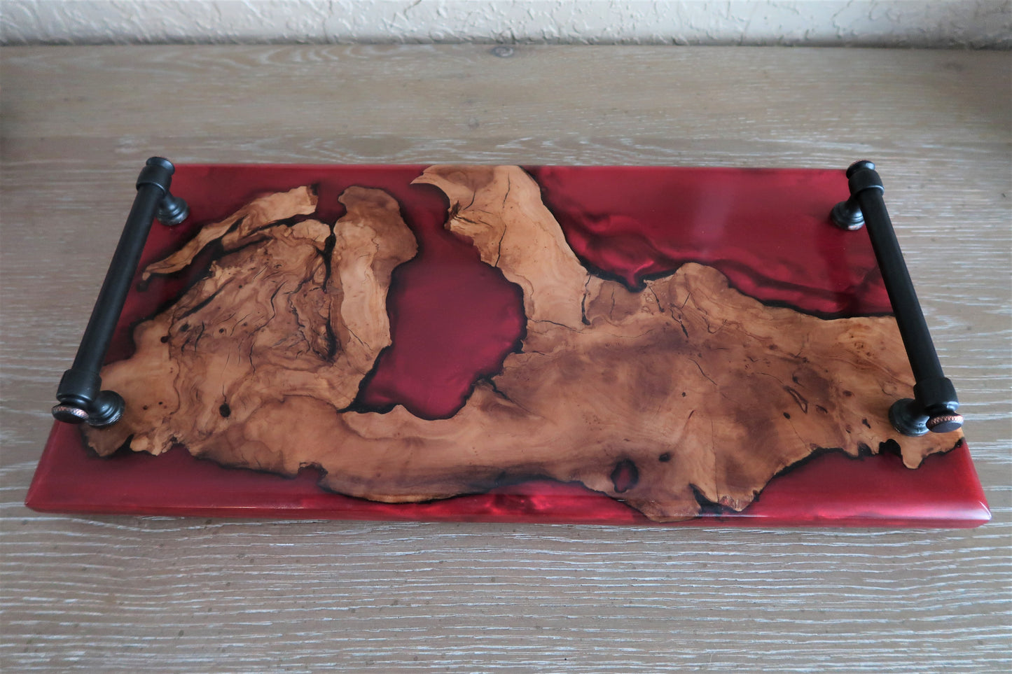 OLIVEWOOD & YAMAGATA RED RESIN CHARCUTERIES BOARD WITH OIL RUBBED BRONZE HANDLES
