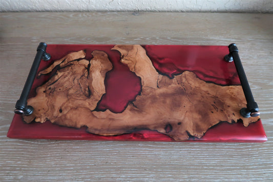 OLIVEWOOD & YAMAGATA RED RESIN CHARCUTERIES BOARD WITH OIL RUBBED BRONZE HANDLES