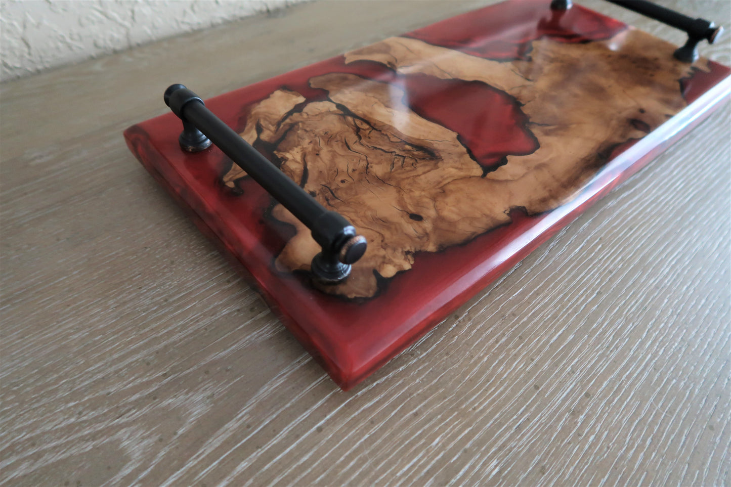 OLIVEWOOD & YAMAGATA RED RESIN CHARCUTERIES BOARD WITH OIL RUBBED BRONZE HANDLES