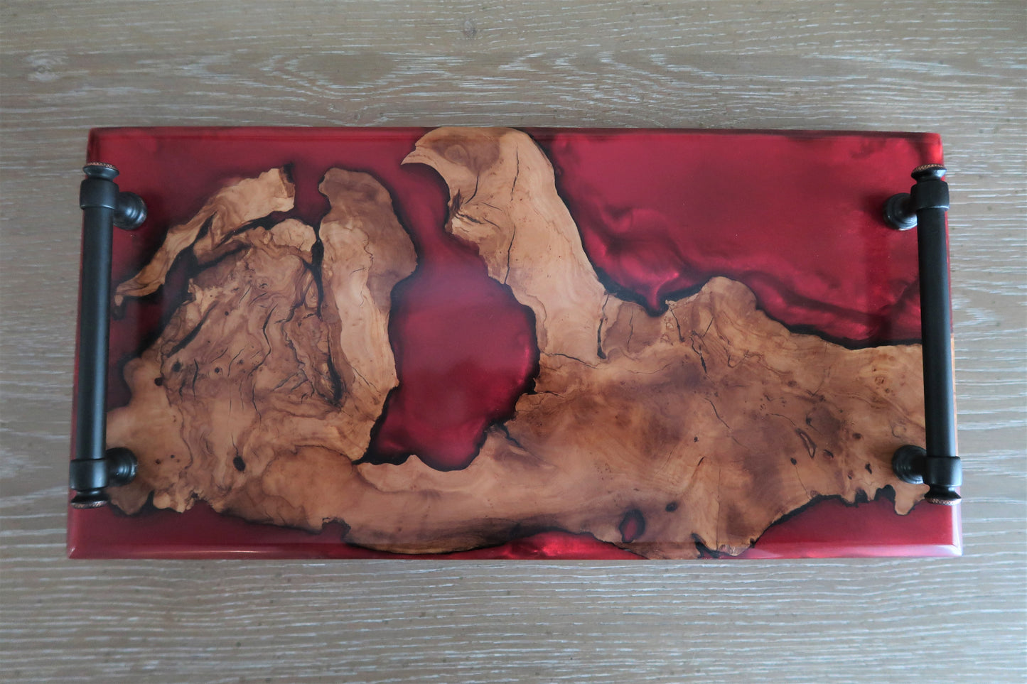 OLIVEWOOD & YAMAGATA RED RESIN CHARCUTERIES BOARD WITH OIL RUBBED BRONZE HANDLES
