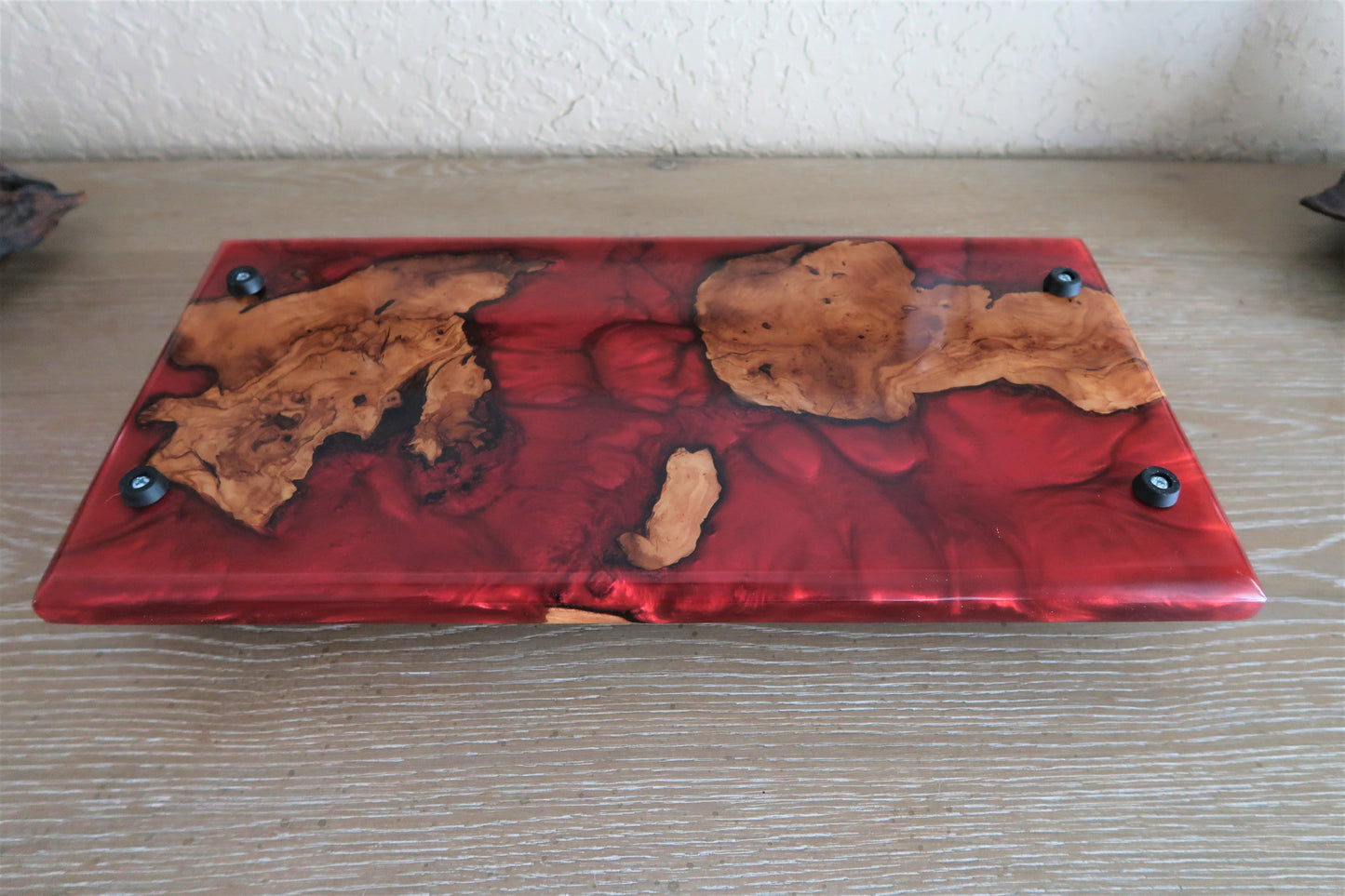 OLIVEWOOD & YAMAGATA RED RESIN CHARCUTERIES BOARD WITH OIL RUBBED BRONZE HANDLES