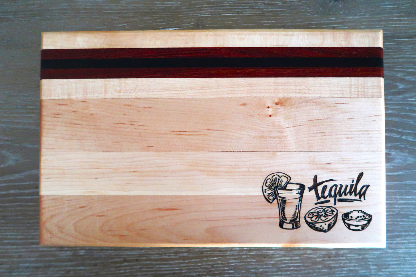 MAPLE WITH BRAZILIAN CHERRY & WENGE "TEQUILA" BAR TOP CUTTING BOARD