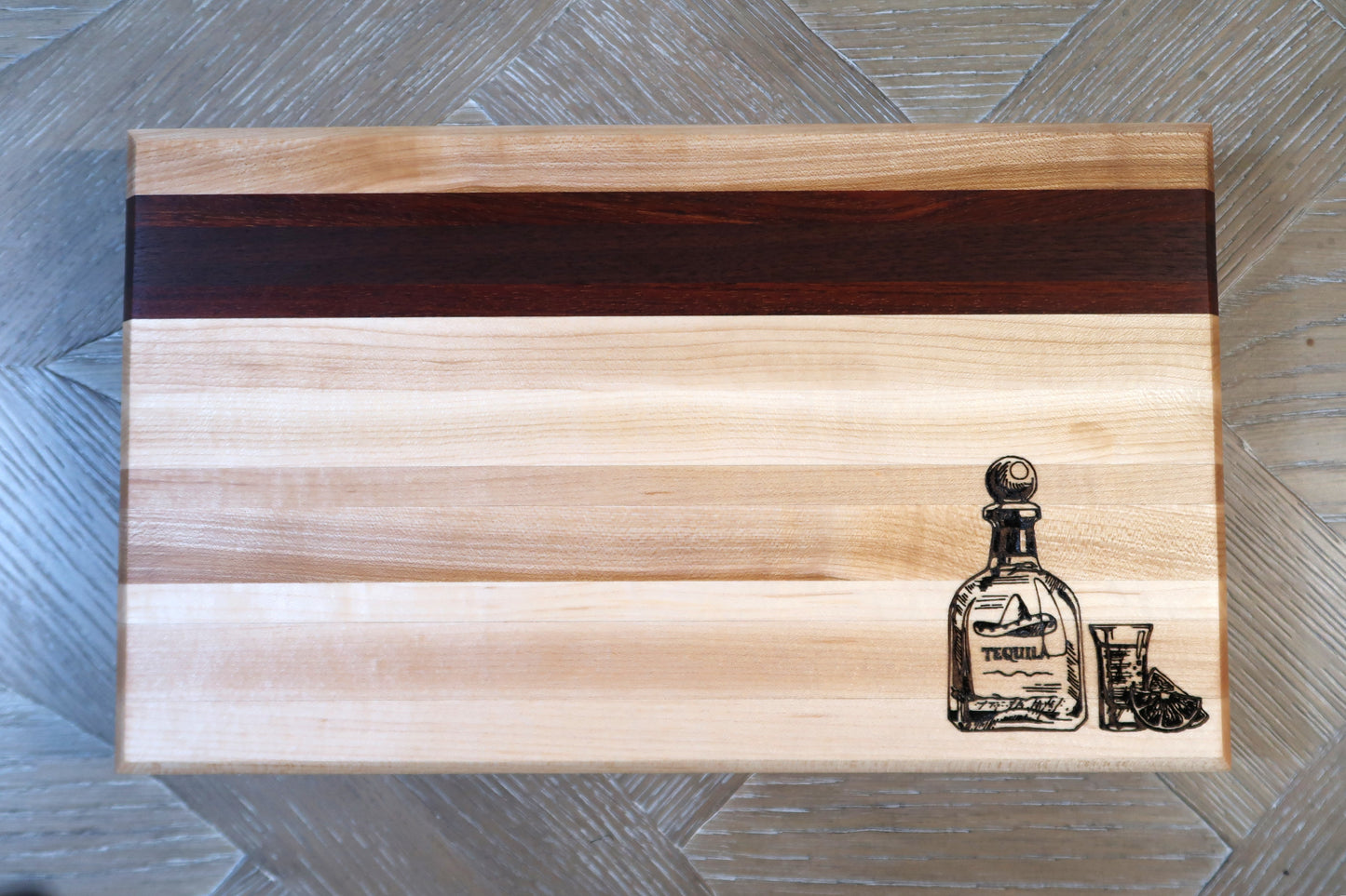 MAPLE WITH BRAZILIAN CHERRY & WALNUT "TEQUILA" BAR TOP CUTTING BOARD