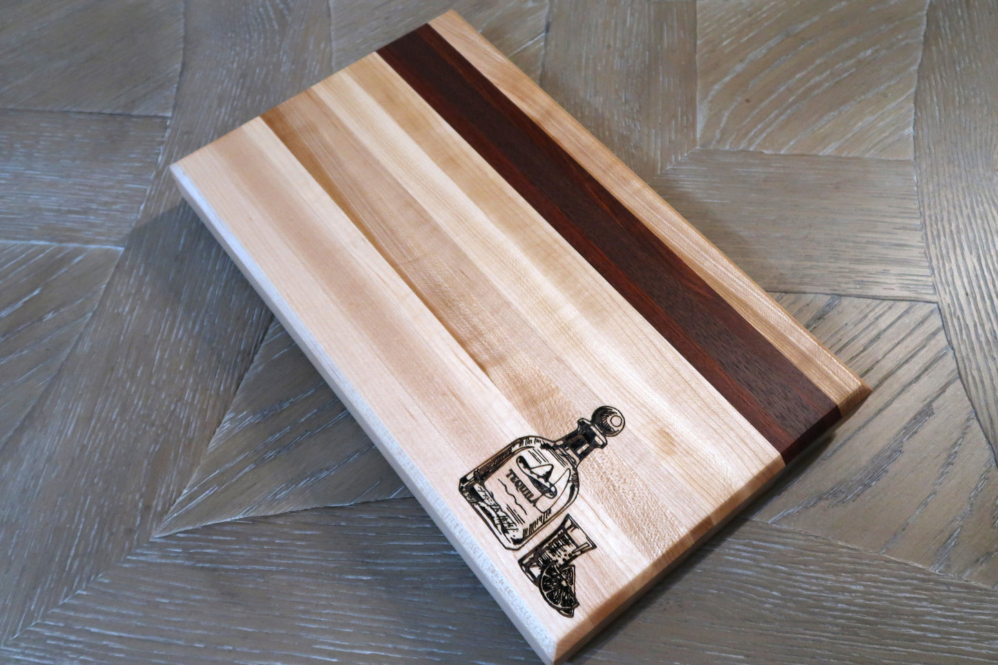 MAPLE WITH BRAZILIAN CHERRY & WALNUT "TEQUILA" BAR TOP CUTTING BOARD