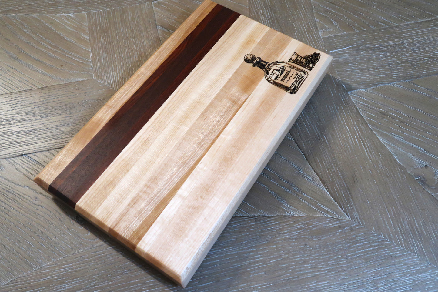 MAPLE WITH BRAZILIAN CHERRY & WALNUT "TEQUILA" BAR TOP CUTTING BOARD