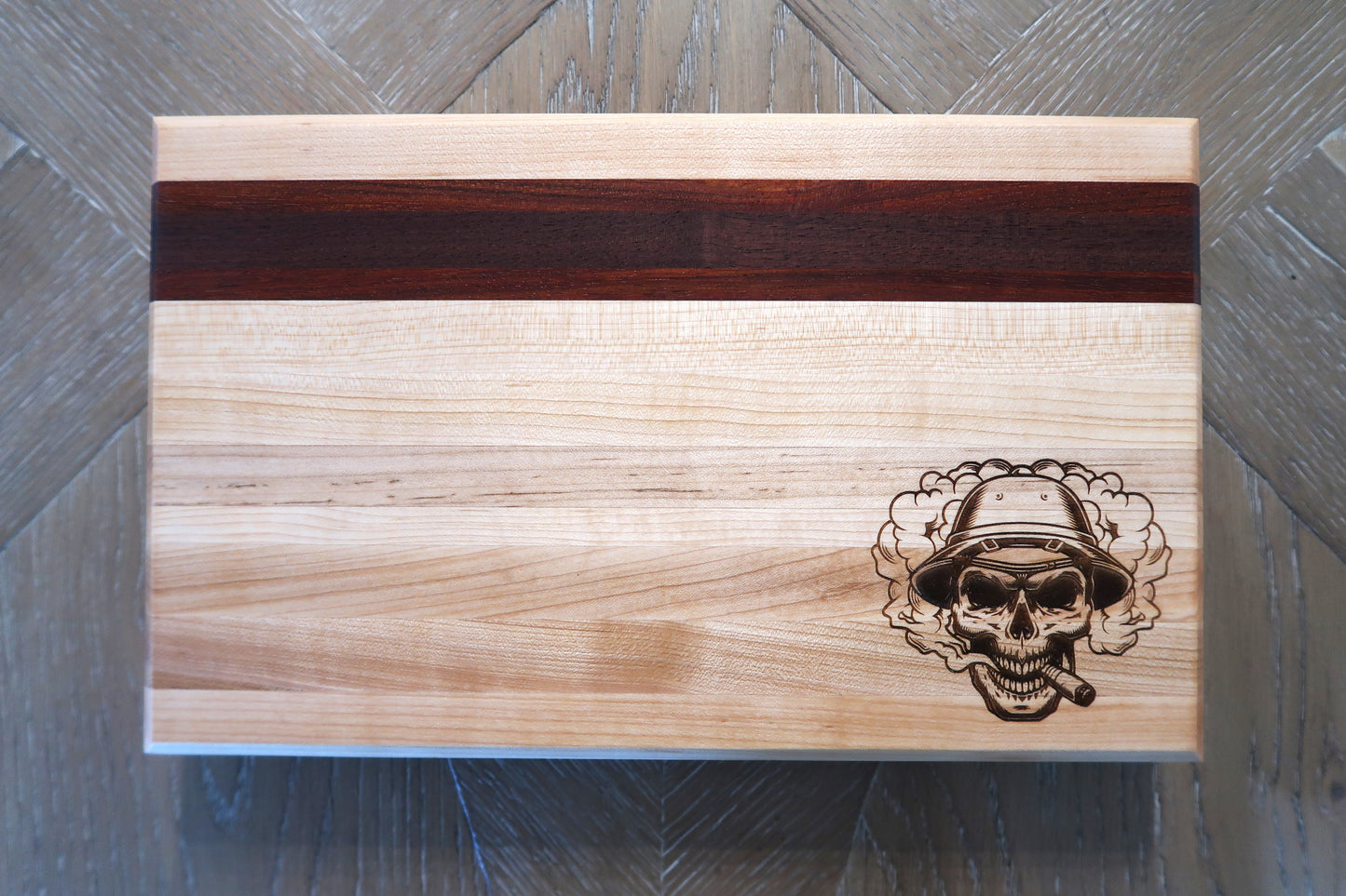 MAPLE WITH BRAZILIAN CHERRY & WALNUT "SMOKING SKULL" BAR TOP CUTTING BOARD