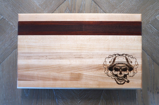 MAPLE WITH BRAZILIAN CHERRY & WALNUT "SMOKING SKULL" BAR TOP CUTTING BOARD