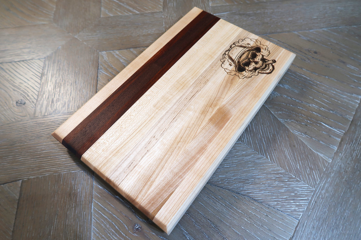 MAPLE WITH BRAZILIAN CHERRY & WALNUT "SMOKING SKULL" BAR TOP CUTTING BOARD