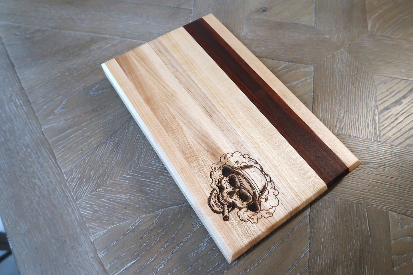 MAPLE WITH BRAZILIAN CHERRY & WALNUT "SMOKING SKULL" BAR TOP CUTTING BOARD