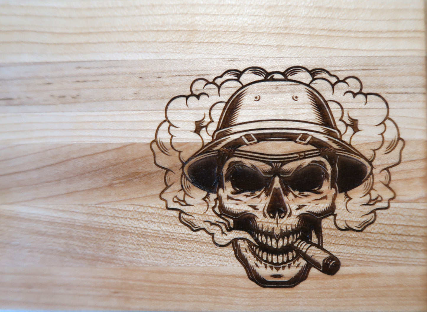 MAPLE WITH BRAZILIAN CHERRY & WALNUT "SMOKING SKULL" BAR TOP CUTTING BOARD