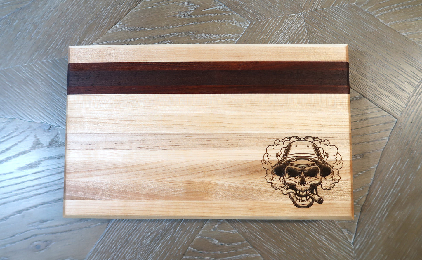 MAPLE WITH BRAZILIAN CHERRY & WALNUT "SMOKING SKULL" BAR TOP CUTTING BOARD