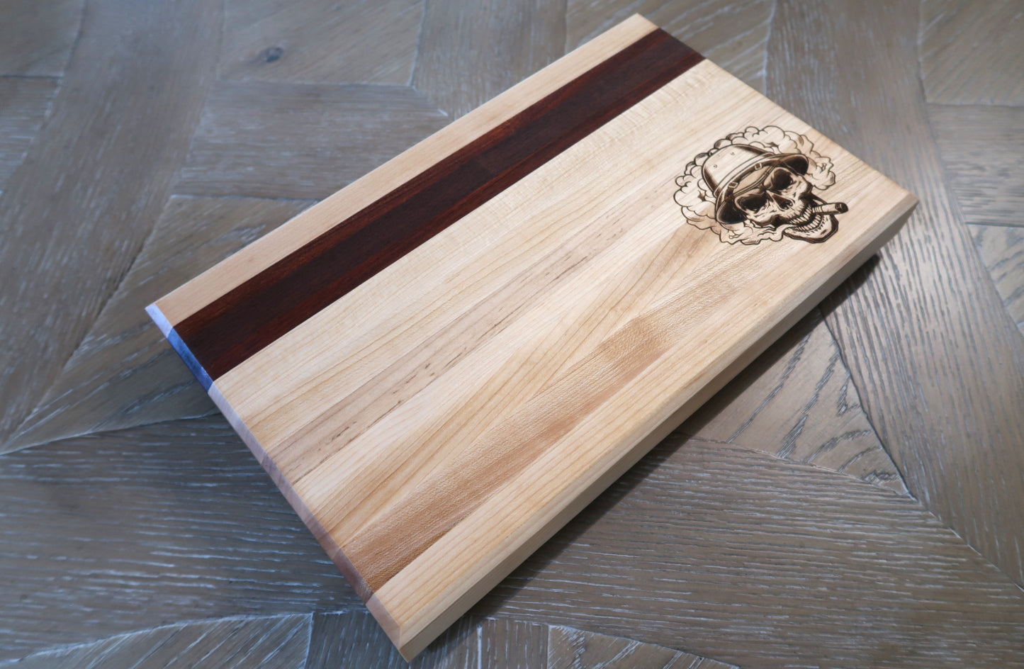 MAPLE WITH BRAZILIAN CHERRY & WALNUT "SMOKING SKULL" BAR TOP CUTTING BOARD