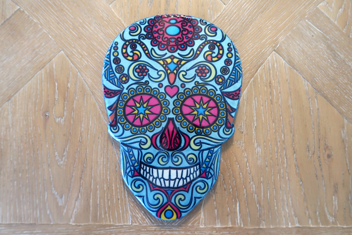 SUGAR SKULL WALL ART RESIN & MICA POWER LIGHT BLUE BACKGROUND