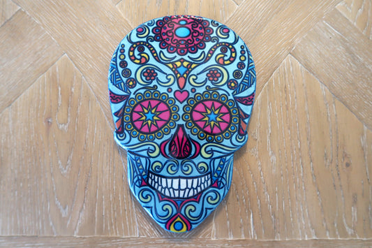 SUGAR SKULL WALL ART RESIN & MICA POWER LIGHT BLUE BACKGROUND