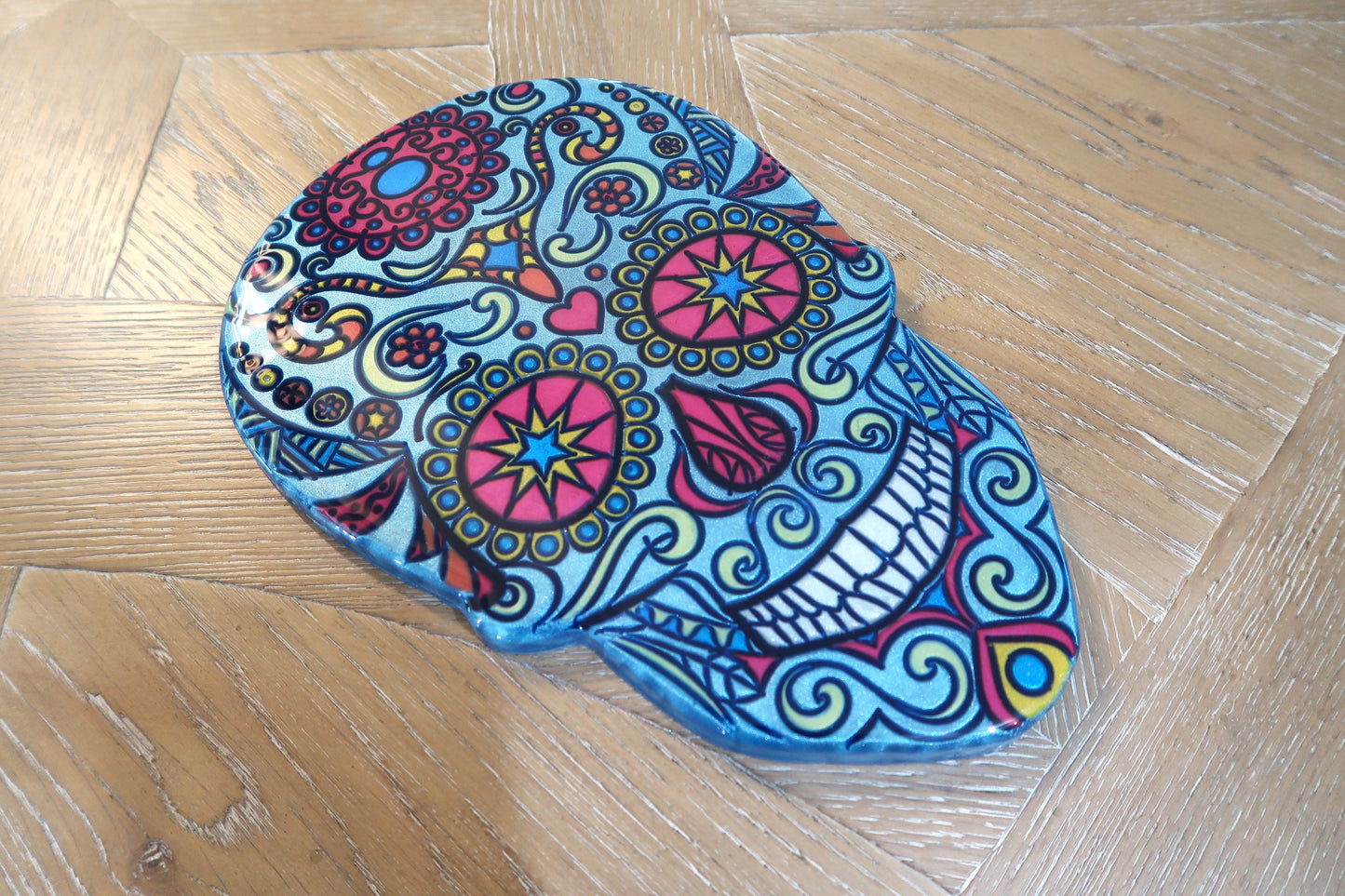 SUGAR SKULL WALL ART RESIN & MICA POWER LIGHT BLUE BACKGROUND