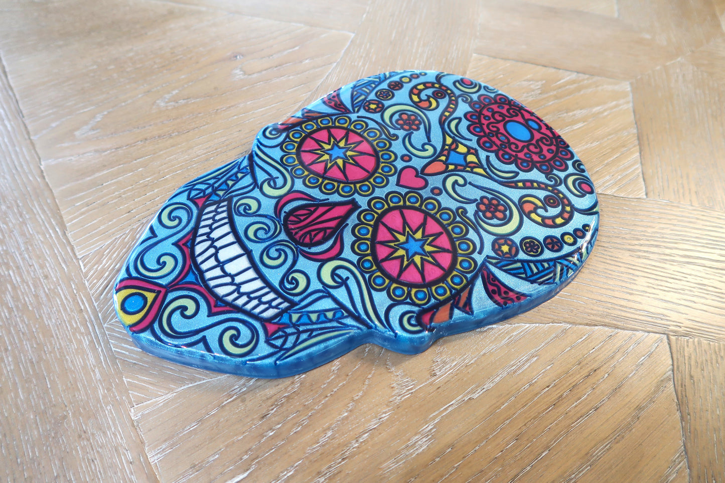 SUGAR SKULL WALL ART RESIN & MICA POWER LIGHT BLUE BACKGROUND