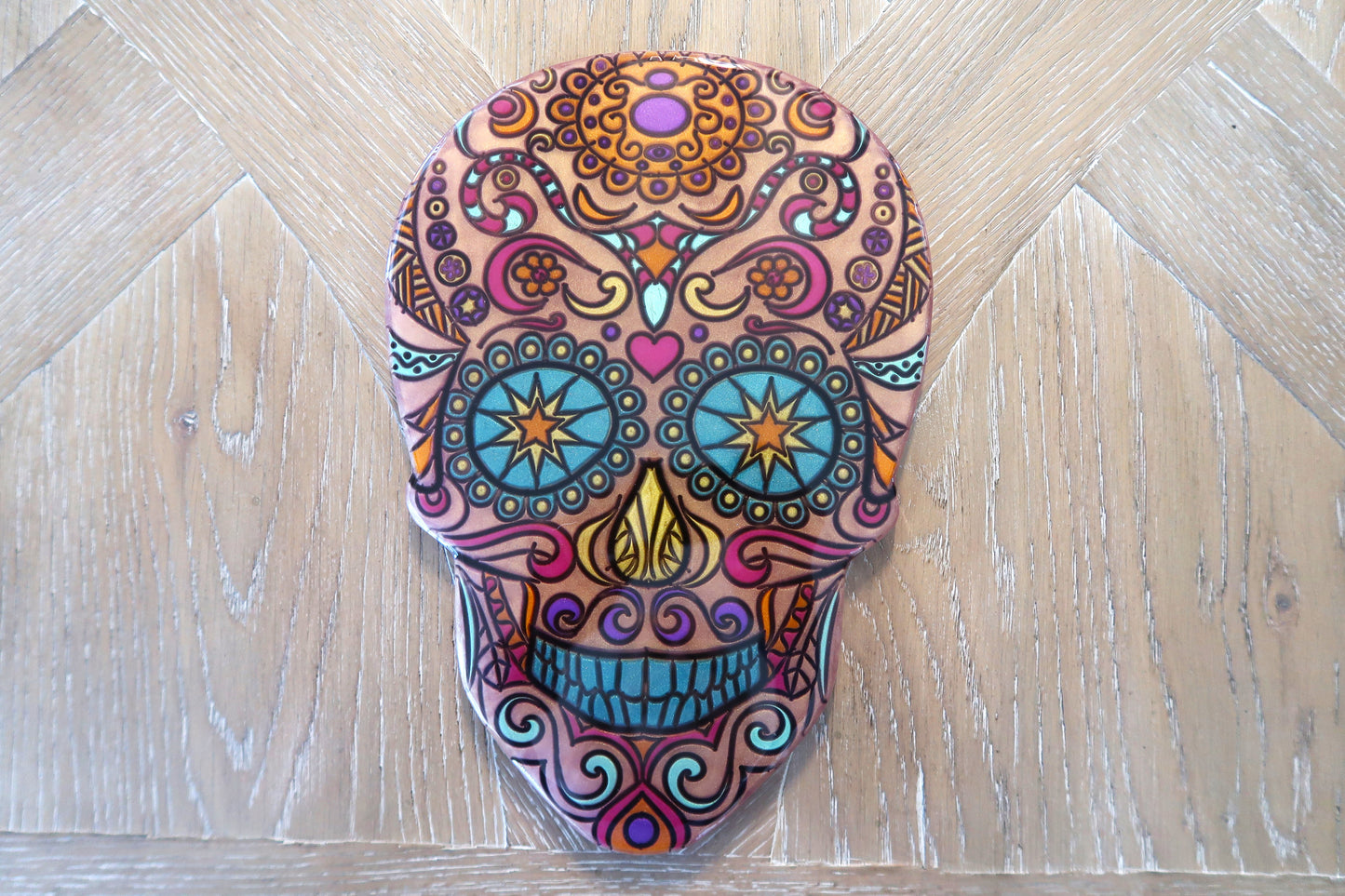 SUGAR SKULL WALL ART RESIN & MICA POWER ROSE GOLD BACKGROUND
