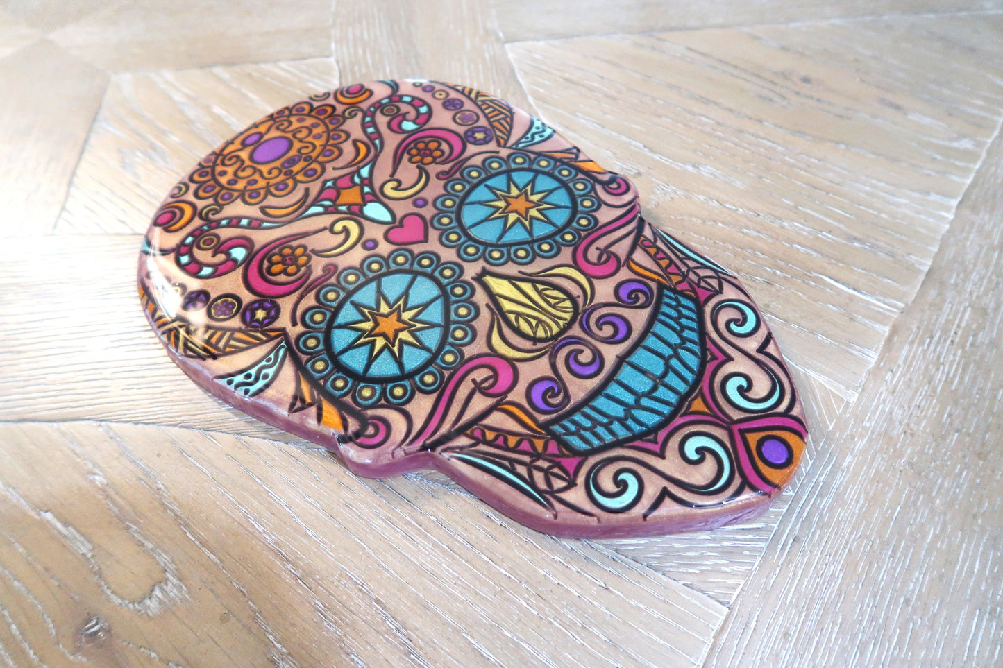 SUGAR SKULL WALL ART RESIN & MICA POWER ROSE GOLD BACKGROUND