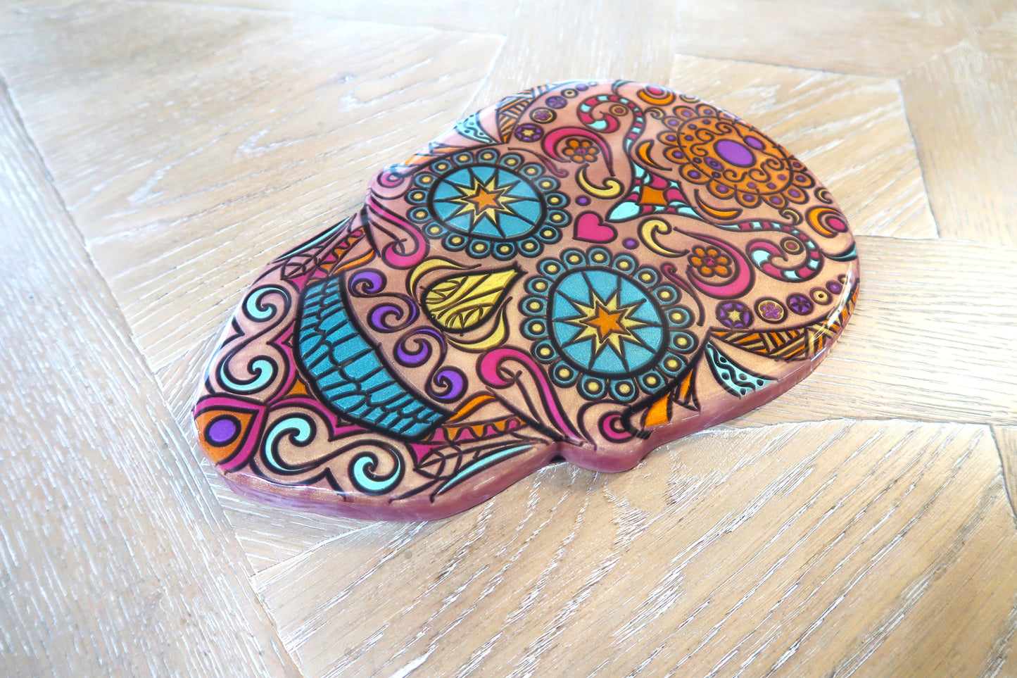 SUGAR SKULL WALL ART RESIN & MICA POWER ROSE GOLD BACKGROUND
