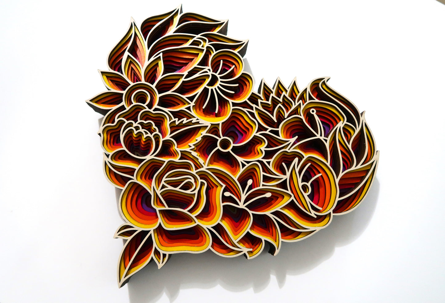 THE FLORAL HEART 3-D LASER CUT MANDALA ZENTANGLE WALL ART