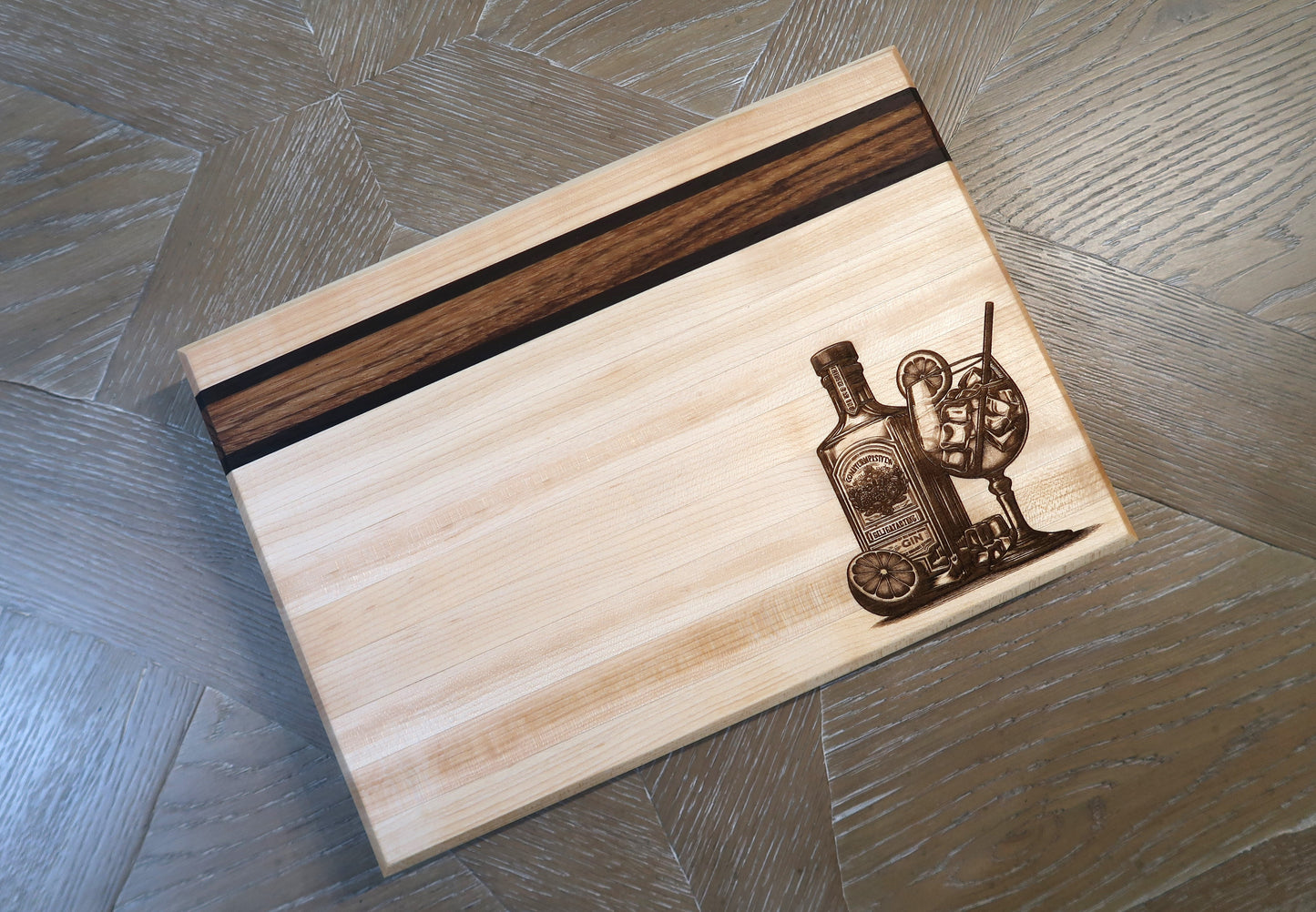 MAPLE WITH ZEBRAWOOD & WENGE "GIN & JUICE" BAR TOP CUTTING BOARD
