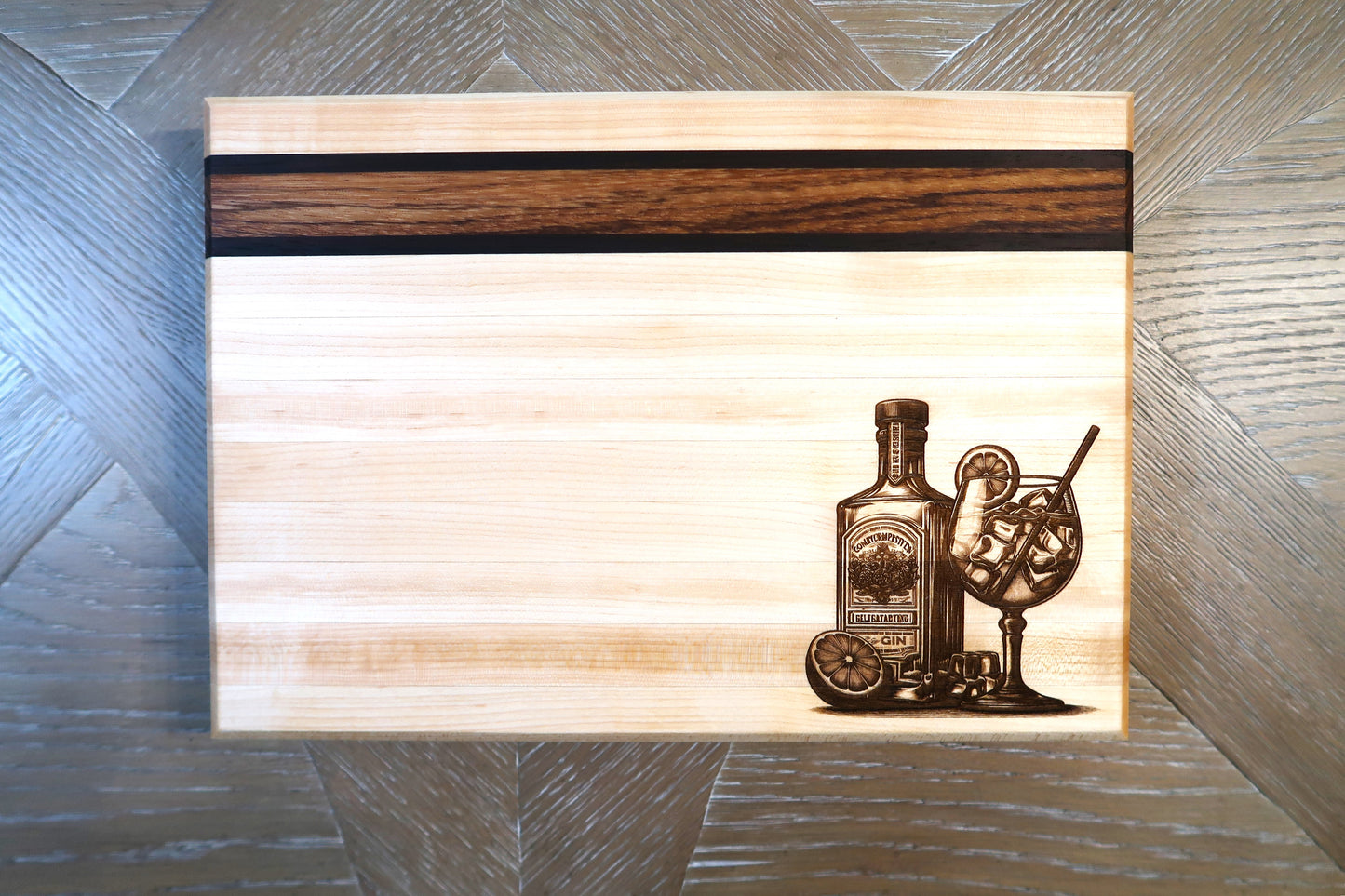 MAPLE WITH ZEBRAWOOD & WENGE "GIN & JUICE" BAR TOP CUTTING BOARD