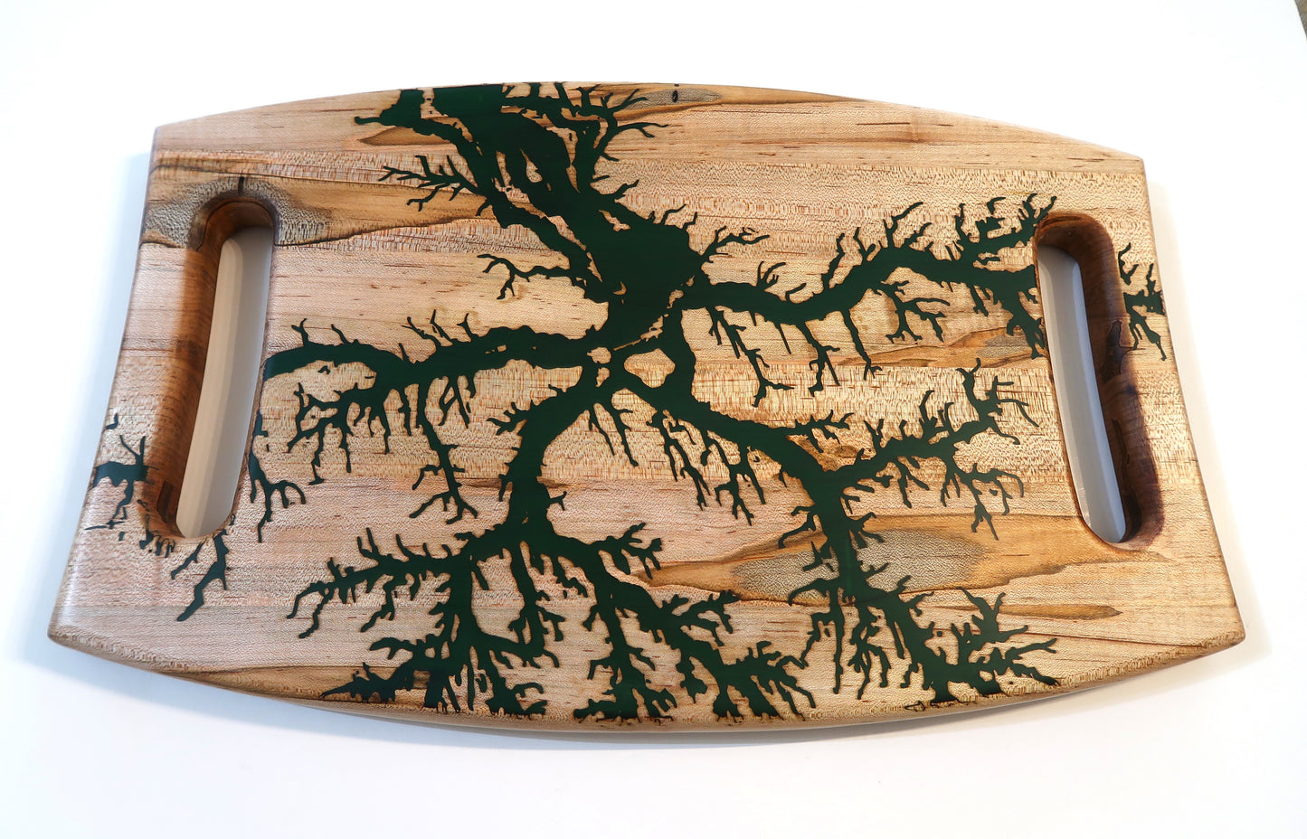 AMBROSIA MAPLE WITH RESIN "FRACTAL TREE" WARPED RECTANGLE SERVING BOARD