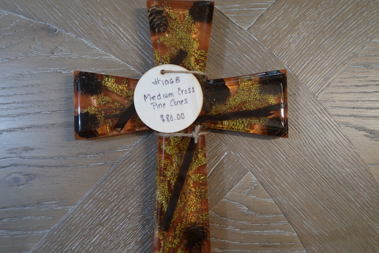FALL CROSS WITH PINECONES/WHEAT AND STICKS RESIN FLARED CROSS