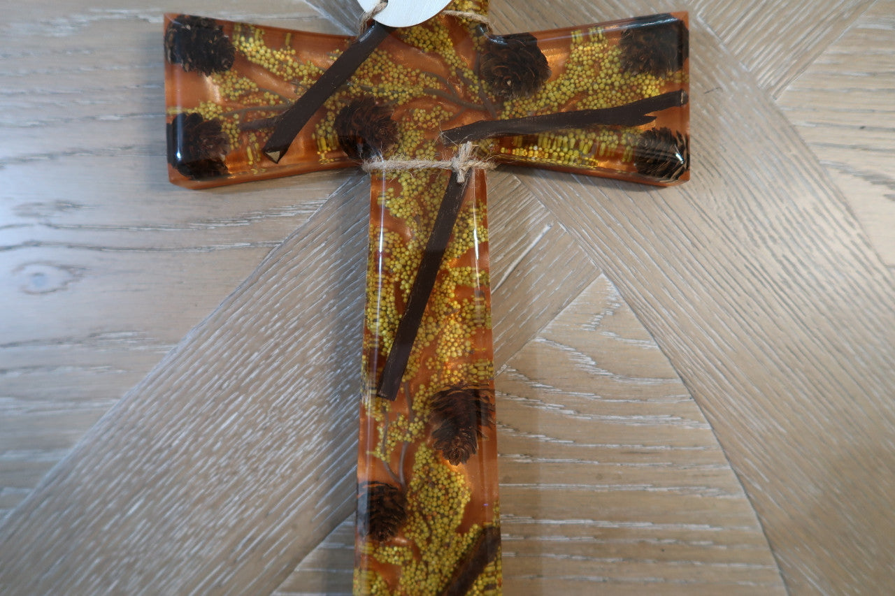 FALL CROSS WITH PINECONES/WHEAT AND STICKS RESIN FLARED CROSS
