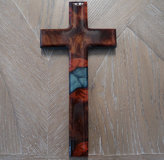 EXOTIC WOOD AND BORA BORA BLUE PIGMENT RESIN SMALL CROSS